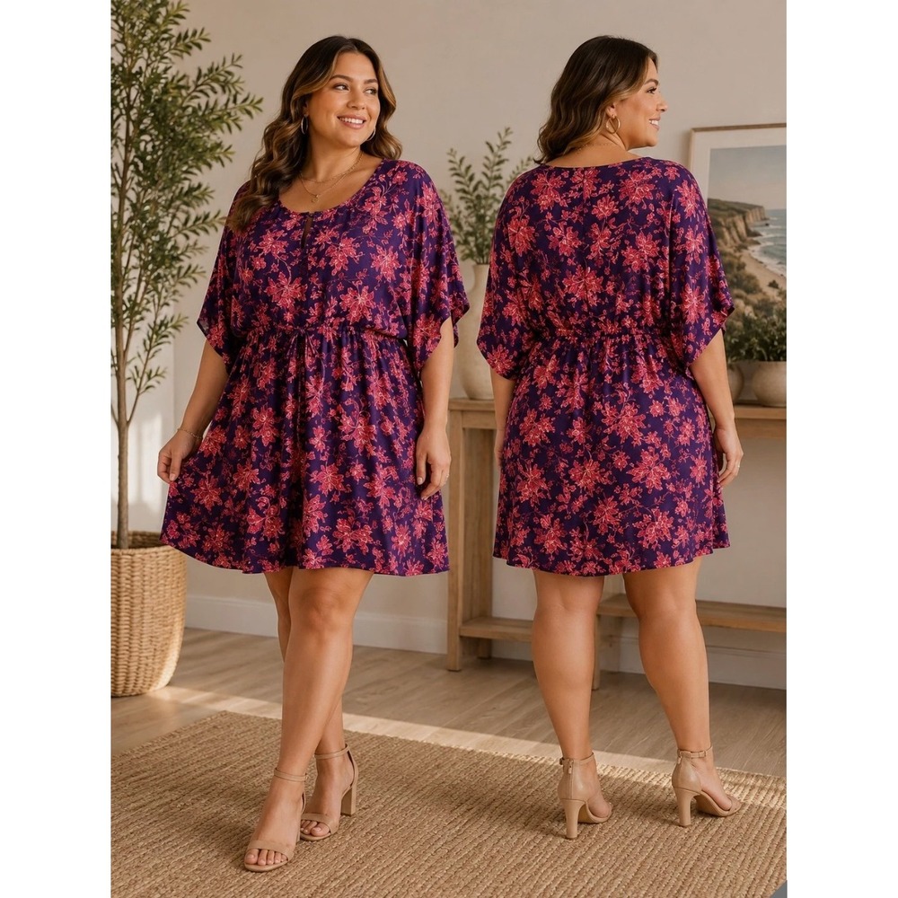 Lands End Beach Cover-Up Dress XL-XXL Floral Rayon V-Neck Drawstring Coastal